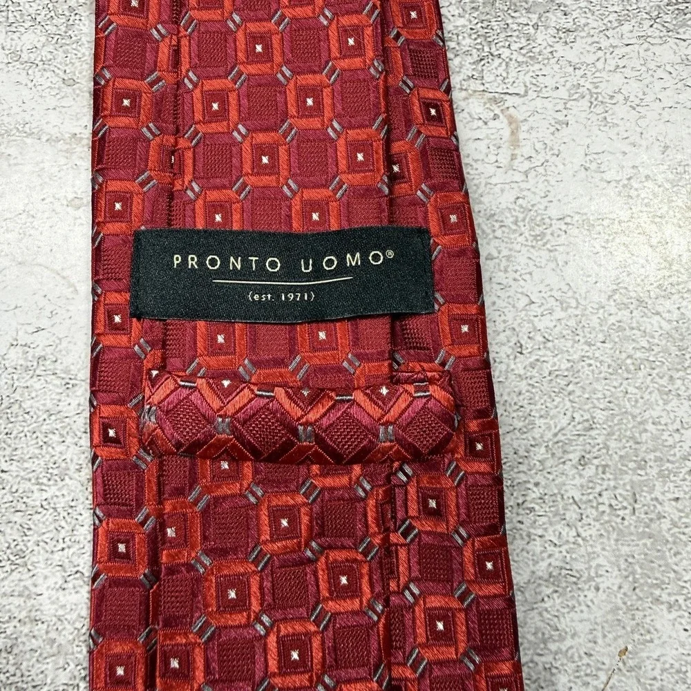 Pronto Uomo Silk Tie Mens One Size Red Geometric Woven Necktie‎ Dress Classic